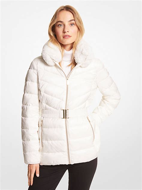 michael kors puffer with cinch waist large collar|Faux Fur Trim Quilted Nylon Packable Puffer Jacket .